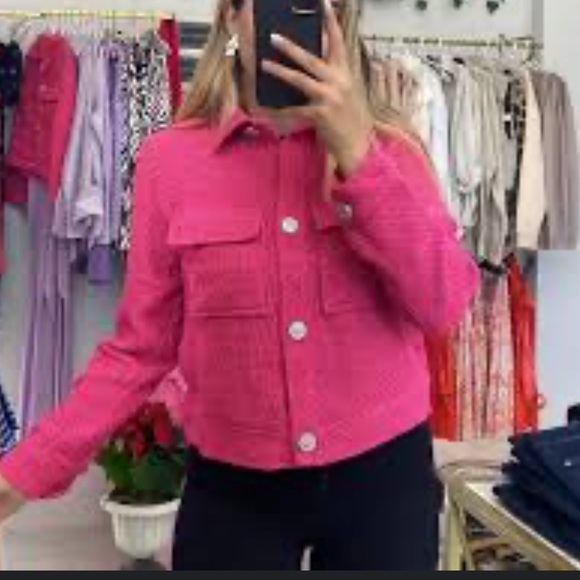 ZARA Cropped Tweed Jacket Textured Knit Boxy Pocket Overshirt, S, Hot Pink - Picture 4 of 5